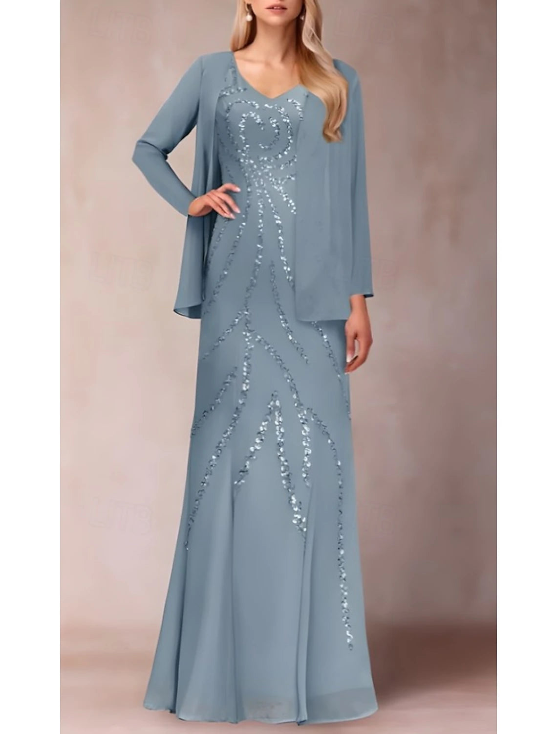 Buyishang Two Piece Sheath / Column Dress Suit Mother of the Bride Dress Elegant Sparkle & Shine V Neck Floor Length Chiffon Sequined Short Sleeve with Sequin